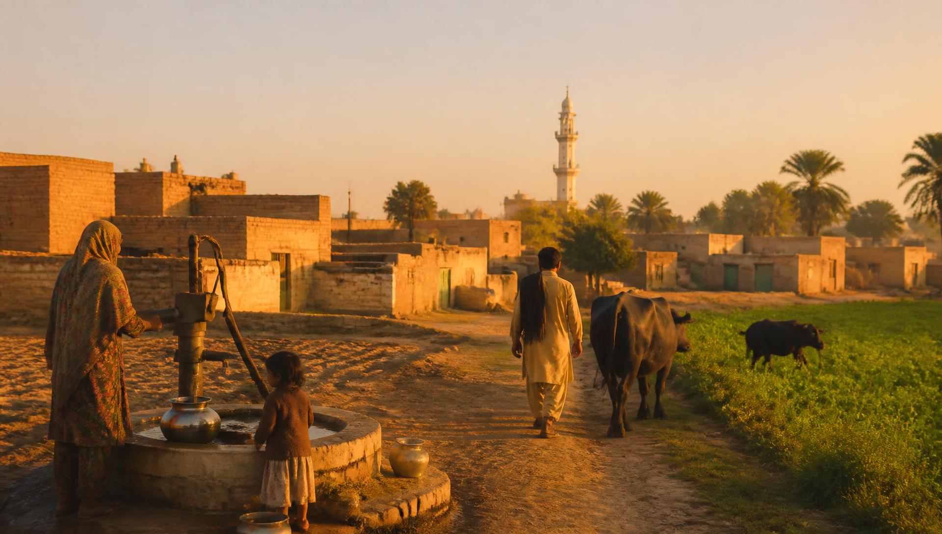 Khai Hithar village at golden hour with fields, houses and livestock